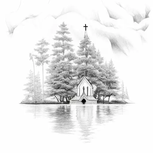 A serene landscape of a Catholic church surrounded by lush forests and a tranquil river tattoo design idea