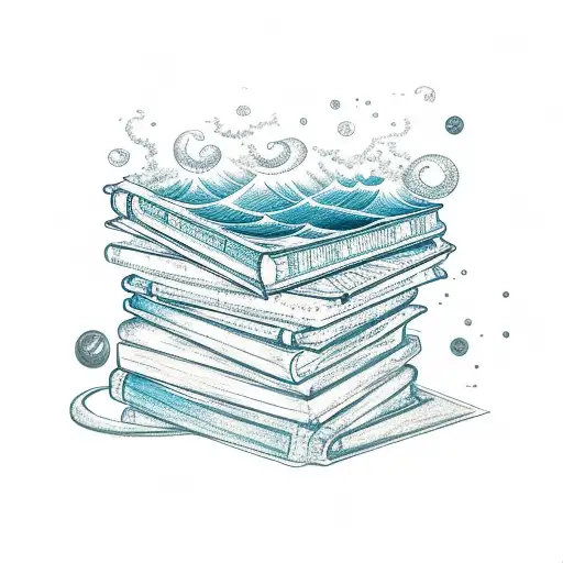 A sketch-style tattoo of a stack of books with ocean waves cascading out from between the pages, symbolizing the client's love for reading and the ocean. tattoo design idea