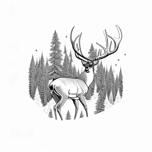 A majestic buck surrounded by a serene forest landscape tattoo design idea