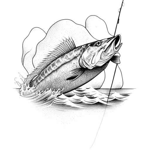 A detailed fishing scene with a fisherman casting a line into a tranquil lake tattoo design idea