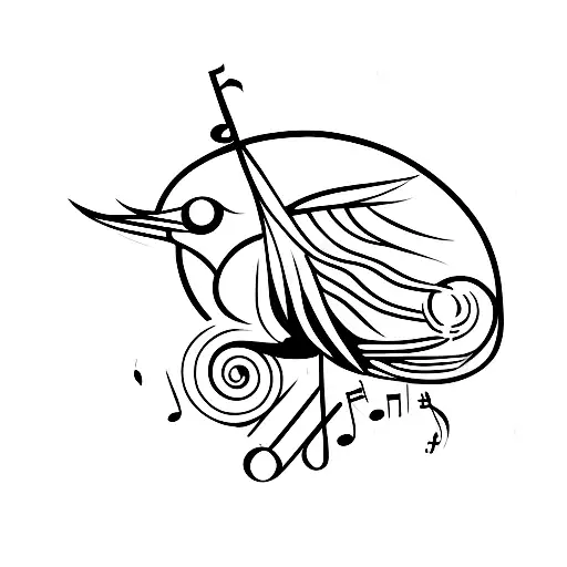 A minimalist tattoo of a singing bird perched on a branch with musical notes floating around it tattoo design idea