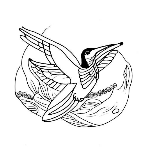 A minimalist tattoo of a beija-flor (hummingbird) hovering above a tranquil river, symbolizing the harmony between nature and music tattoo design idea