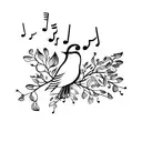A minimalist tattoo of a singing bird perched on a branch with musical notes floating around it tattoo design idea