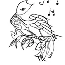 A minimalist tattoo of a singing bird perched on a branch with musical notes floating around it tattoo design idea