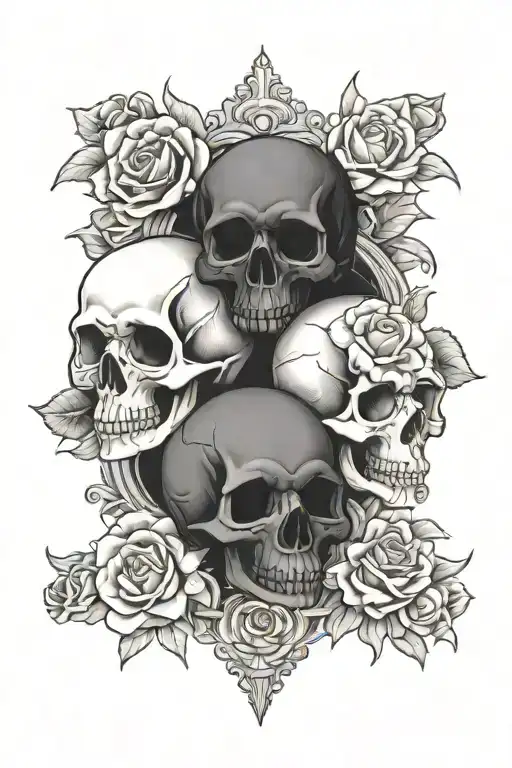 3 skulls with roses in one's mouth and ones eyes and ones ears for see no evil hear no evil speak no evil  tattoo design idea