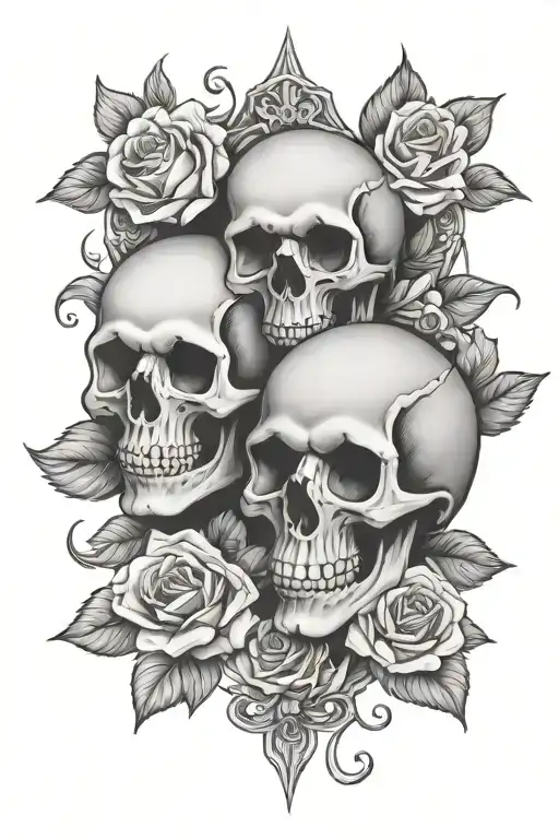 3 skulls with roses in one's mouth and ones eyes and ones ears for see no evil hear no evil speak no evil  tattoo design idea
