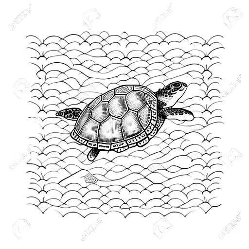 A majestic blackwork tattoo of a graceful sea turtle swimming among vibrant coral reefs tattoo design idea