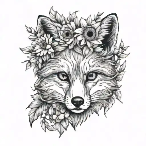 fox with sunflowers and gerbera daisies intertwined tattoo design idea