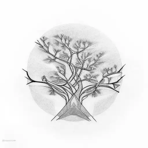 tree branches from below with the branches and leaves tracing out birds in the style of mc escher tattoo design idea