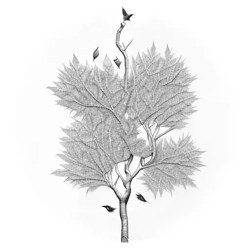 tree branches with leaves inspired by linguistics trees and mc escher. negative image of branches and leaves form bird tattoo design idea