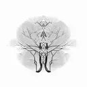 tree branches with leaves inspired by linguistics trees and mc escher. negative image of branches and leaves form bird tattoo design idea