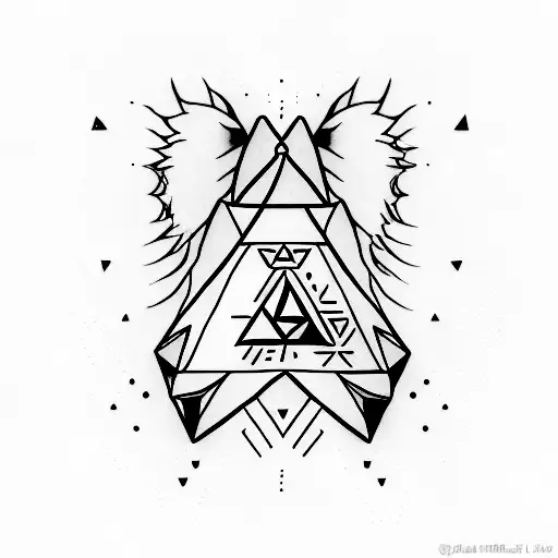 A minimalist tattoo of a triforce symbol from Zelda, with a silhouette of a cat sitting on top of it. tattoo design idea
