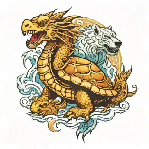 Golden dragon, turtle, polar bear tattoo design idea