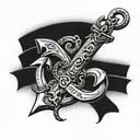 An anchor tattoo mixed with a cross with the names faith vertical and chasing horizontal tattoo design idea