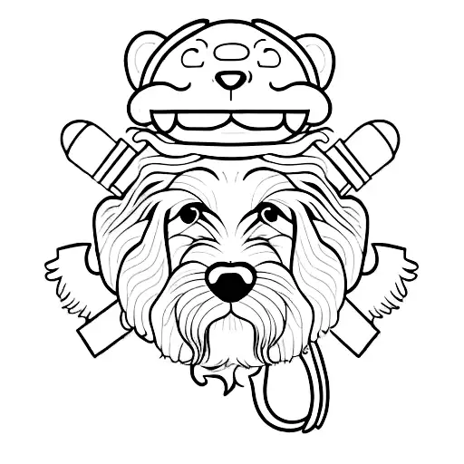 Black & White cocker spaniel head laying on top of dragon stuffed toy tattoo design idea
