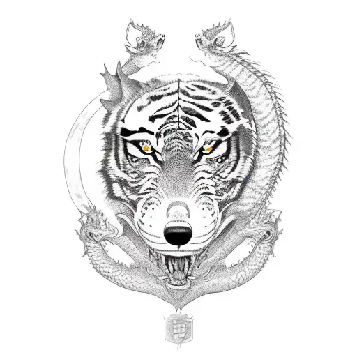 Dragon protecting a wolf and a tiger tattoo design idea