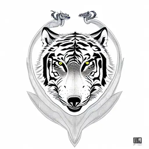 Dragon protecting a wolf and a tiger tattoo design idea