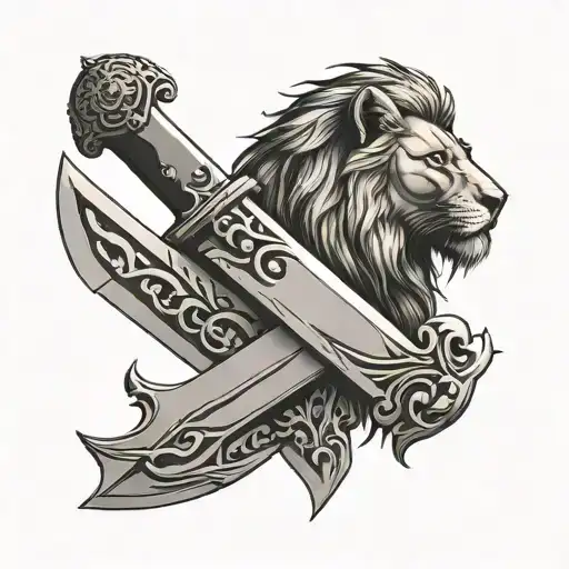 two chef knives in the shape of a cross, one with a lion face in the blade and one with a lamb face in the blade tattoo design idea