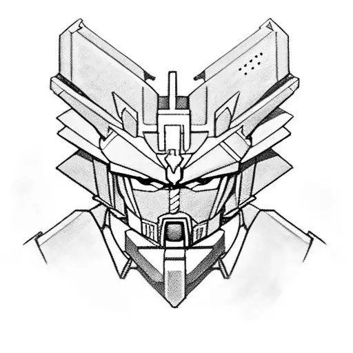 A detailed black and grey portrait of a famous Gundam character, with intricate shading and highlighting tattoo design idea