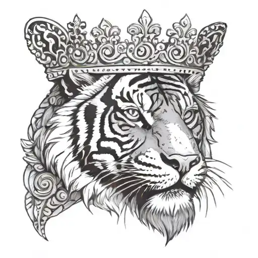 A regal tiger wearing a crown, symbolizing power and royalty tattoo design idea