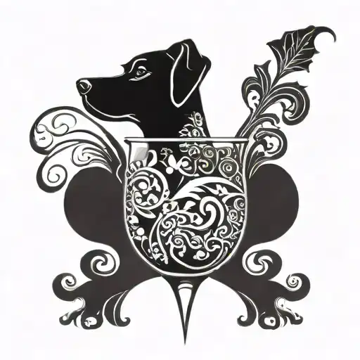 A stylized cocktail glass with swirling patterns, incorporating a hidden dog silhouette within the design tattoo design idea