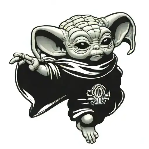 baby yoda holding spartan helmet in the air tattoo design idea