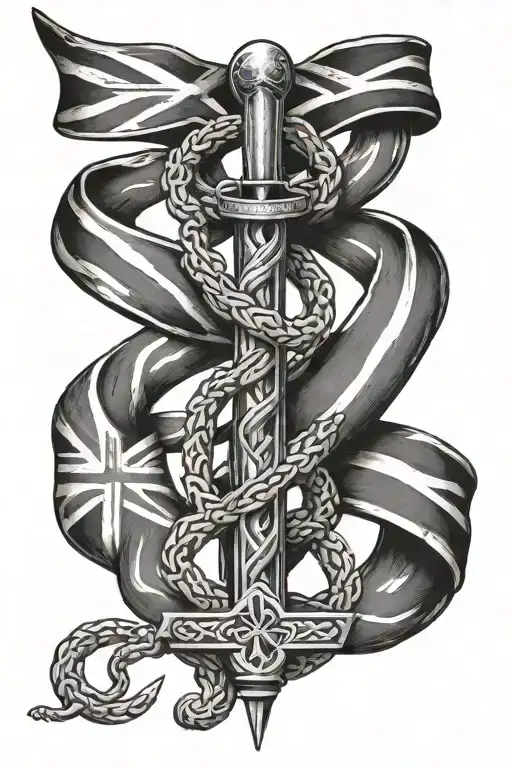Rod of asclepius surrounded by union jack flag waving  tattoo design idea
