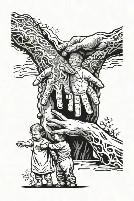 Please generate a tattoo design for me, in black and white, on the upper arm, with the following content: Content: A family of three holding hands Medium: Tattoo art Style: Black and white lines, detailed realism Lighting: No special lighting required Color: Black and white Composition: Scene: A family of three walking from right to left, keeping the length of the upper arm at 3/4 of the distance tattoo design idea