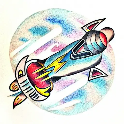 Rocket in space retrofuturism tattoo design idea