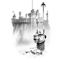 lamp post with the names of Camelot, Sherwood, Storybook, Narnia and Alba tattoo design idea