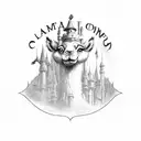 lamp post with the names of Camelot, Sherwood, Storybook, Narnia and Alba tattoo design idea