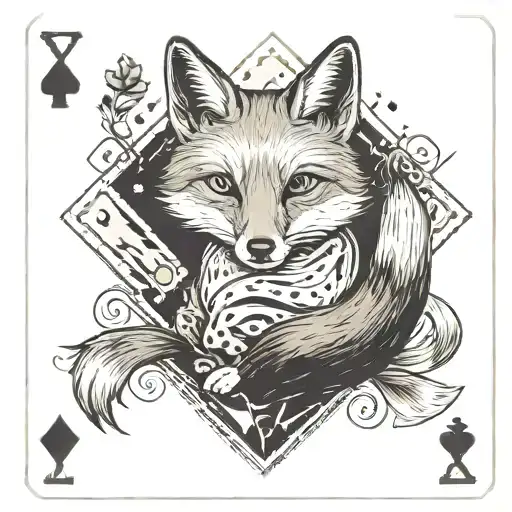 Small minimal fox sitting on a square background, accented by calligraphy brush strokes, with 4 large Aces playing cards tattoo design idea