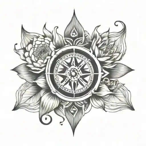 Lotuses with a compass with the sun of argentina in the center of the compass and a treble clef with very simple drawing tattoo design idea