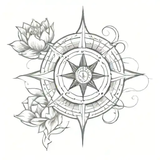 Lotuses with a compass with the sun of argentina in the center of the compass and a treble clef with very simple drawing tattoo design idea