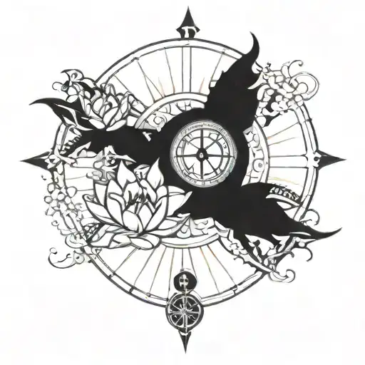 Lotuses with a compass with the sun of argentina in the center of the compass and a treble clef  tattoo design idea