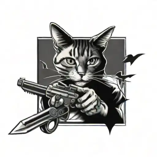 prison tattoo of a cat holding a pistol and knife. tattoo design idea