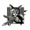 prison tattoo of a cat holding a pistol and knife. tattoo design idea