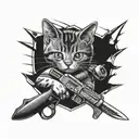 prison tattoo of a cat holding a pistol and knife. tattoo design idea