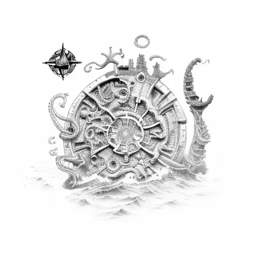 An intricate design of various sea creatures forming a treasure map leading to a sunken ship tattoo design idea