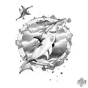 A shark swimming through a shipwreck with a sky background tattoo design idea