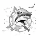 A shark swimming through a shipwreck with a sky background tattoo design idea