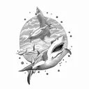 A shark swimming through a shipwreck with a sky background tattoo design idea