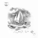 A shark swimming through a shipwreck with a sky background tattoo design idea