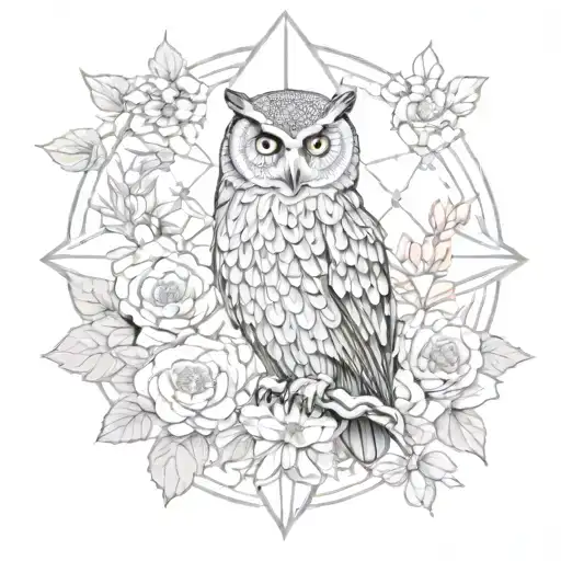 ultra realistic owl between flowers blooming black and grey Mandela flower of life tattoo design idea