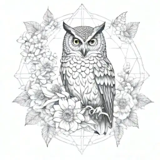 ultra realistic owl between flowers blooming black and grey Mandela flower of life tattoo design idea