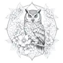 ultra realistic owl between flowers blooming black and grey Mandela flower of life tattoo design idea