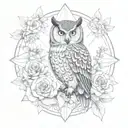 ultra realistic owl between flowers blooming black and grey Mandela flower of life tattoo design idea