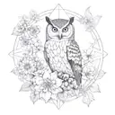 ultra realistic owl between flowers blooming black and grey Mandela flower of life tattoo design idea