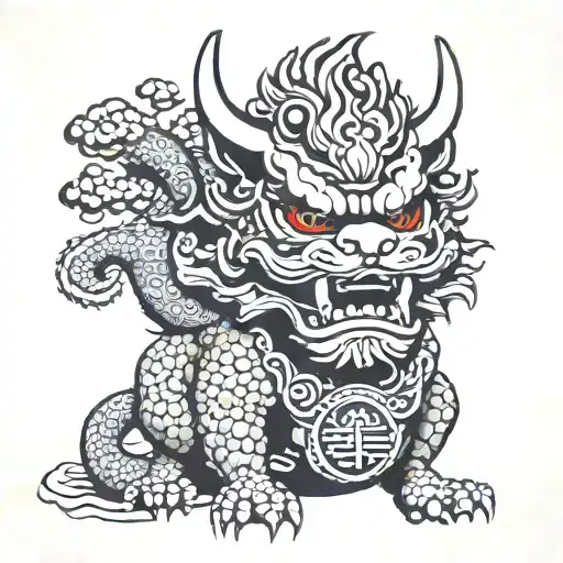 yakuza style shisa angry with text "not dead yet" with dragon and clouds  tattoo design idea