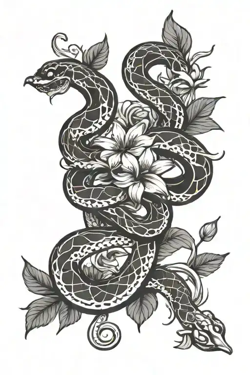 Snake curling up flower vine, lunging at finch tattoo design idea